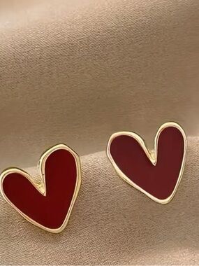 Gold-Trim Red Heart Stud Earrings for Women